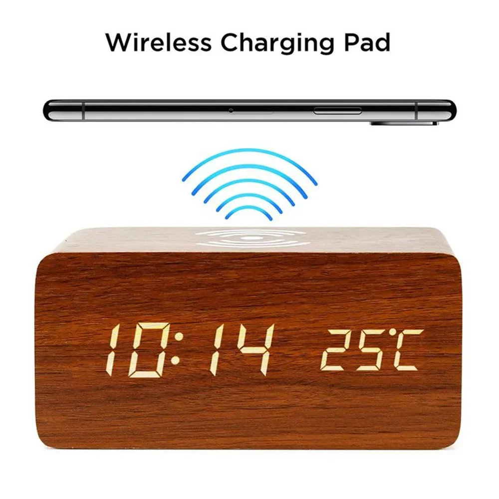 Modern Electronics Gadgets - นาฬิกาปลุก LED ดิจิตอลไม้ USB/AAA ขับเคลื่อนนาฬิกาตั้งโต๊ะพร้อมอุณหภูมิความชื้นชาร์จไร้สายนาฬิกาตั้งโต๊ะอิเล็กทรอนิกส์
